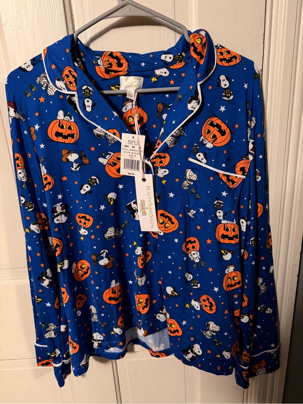 Kohl's Blue Women's Pajama Top with Orange Pumpkin & Snoopy Print